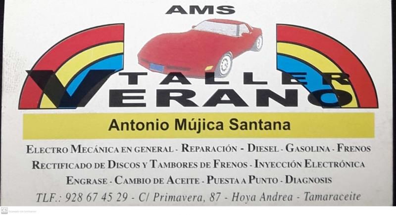 Logotipo del taller Verano con un coche rojo y texto que ofrece servicios de mecánica